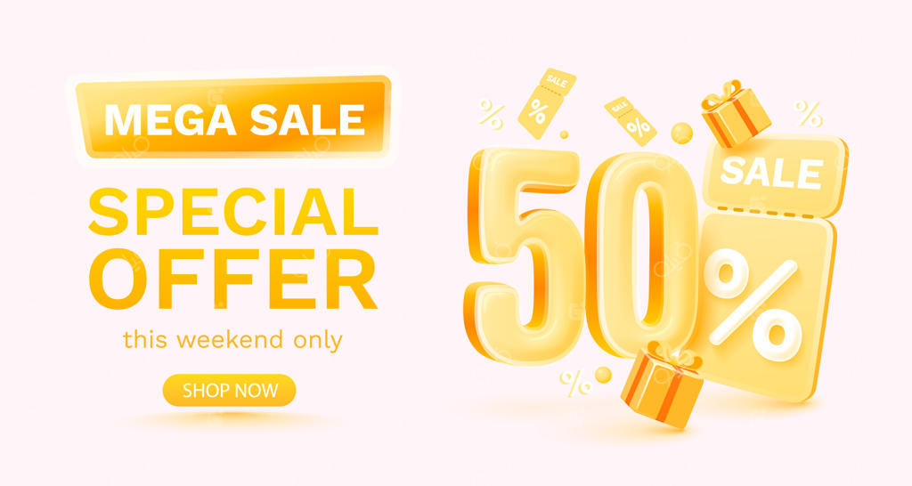 حراج ویژه با تخفیف ۵۰ درصد - بنر و پوستر فروش با چک و جعبه کادو