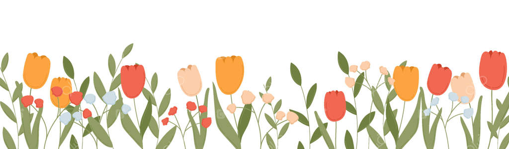 بنری با طرح گل‌ و حاشیه‌ای از باغ گل‌های بهاری. تصویرسازی گیاهان تابستانی با برگ‌ها، لاله‌ها و عناصری از گل‌های وحشی. پترن شکوفه‌های طبیعی برای پس‌زمینه. قاب تزییناتی با تم طبیعت