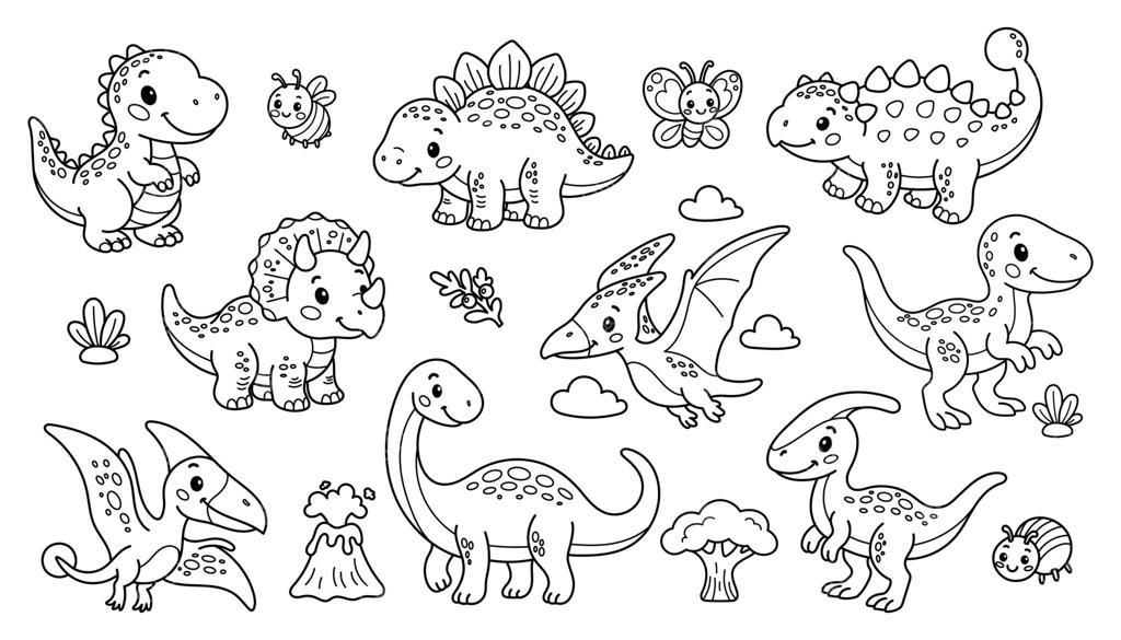 مجموعه‌ای از دایناسورهای کارتونی بامزه و عناصر ماقبل تاریخ برای کتاب‌های رنگ‌آمیزی، کاردستی‌ها و فعالیت‌های کودکان