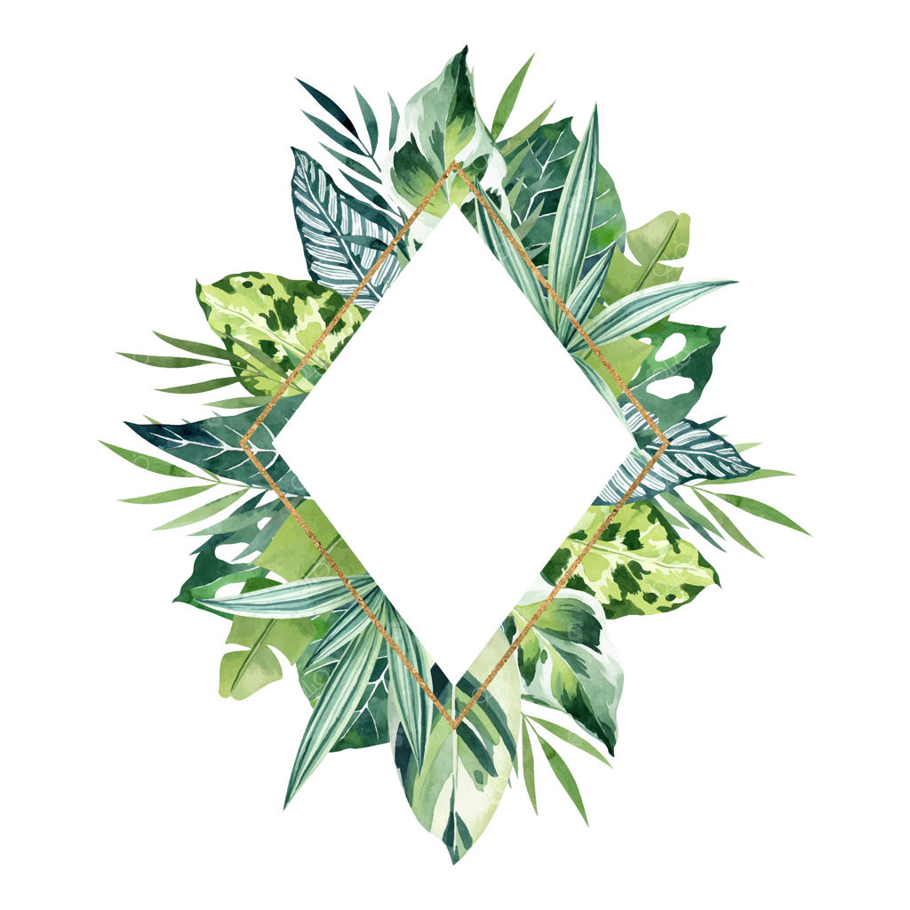 برگ‌های گرمسیری آبرنگی با قاب طلایی هندسی و فضای خالی - حاشیه لوزی عمودی