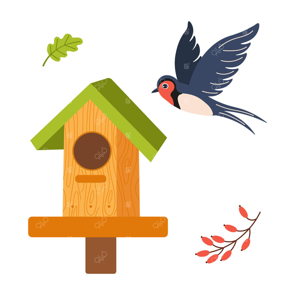 خانه پرنده و پرنده رنگارنگ که در روزی آفتابی از باغی پرجنب‌وجوش لذت می‌برند