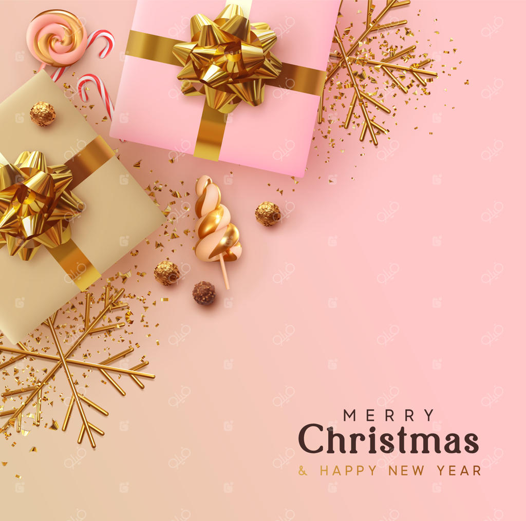 کریسمس مبارک و سال نو پُر از شادی! طراحی پس‌زمینه واقع‌گرایانه با جعبه‌های هدایای کریسمس و اشیاء تزئینی جشن. نمای از بالا. پوستر کریسمس، بنر تعطیلات، بروشور شیک، کارت تبریک.