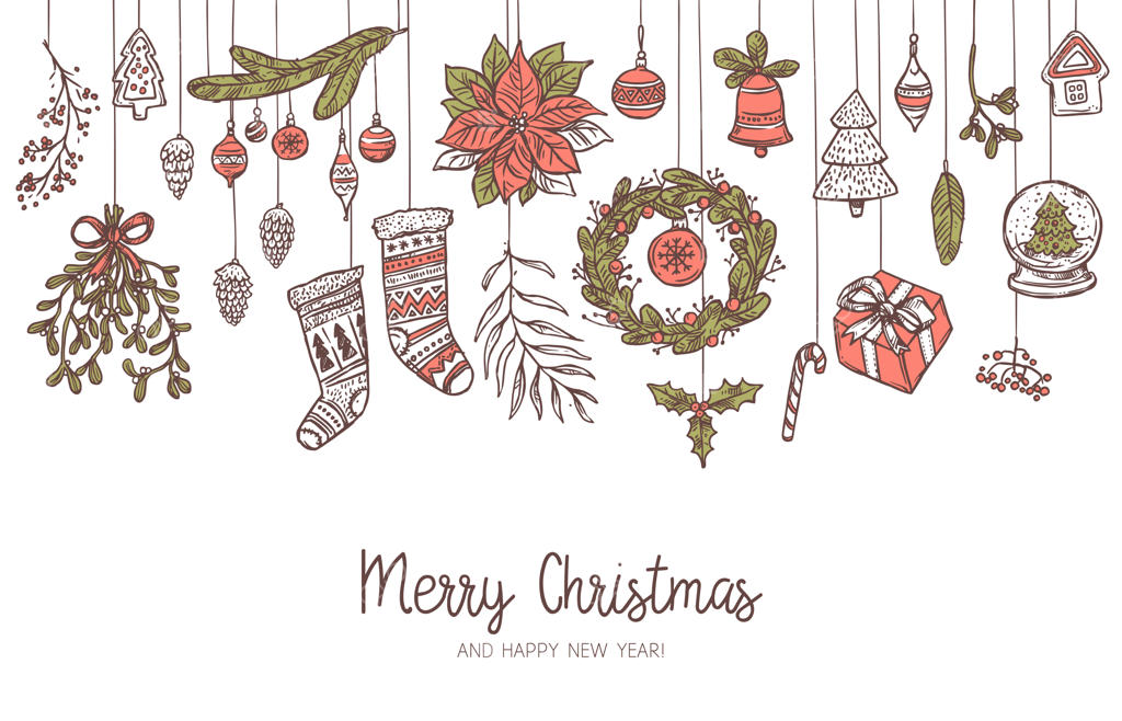 پس‌زمینه‌ افقی کریسمس با آیکون‌ها و عناصر جشن معلق: خزه‌دوزی، جوراب، شاخه‌های کاج و صنوبر، تاج گل، زنگوله. طرحی دست‌کشیده و خلاقانه