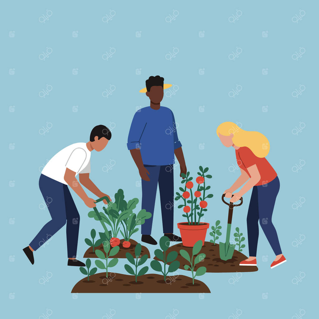 تصویری از گروهی متنوع که به صورت جمعی در باغچه محلی مشغول کاشت سبزیجات و گل‌ها هستند