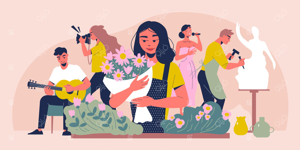 پیش‌زمینه‌ای از سرگرمی‌ها با نمادهای گل، موسیقی و مجسمه‌سازی  به صورت وکتور تخت