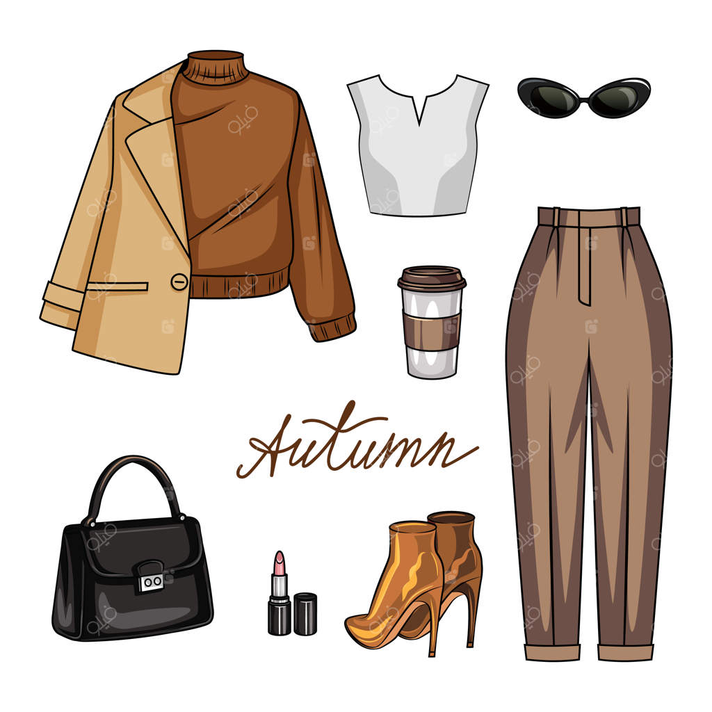 تصویر رنگی آیتم‌های کمد لباس زنان برای پاییز: لباس‌های شیک و غیررسمی برای خانم‌های جوان