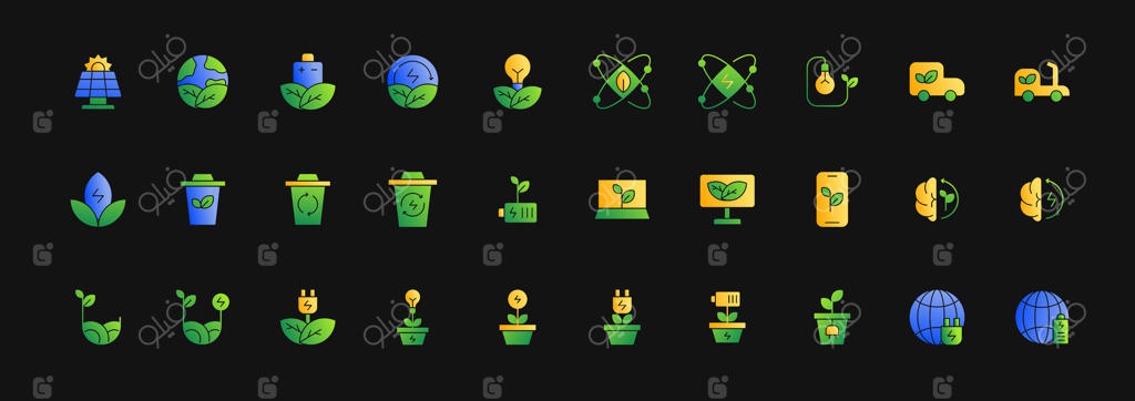 مجموعه آیکون‌های انرژی تجدیدپذیر: شامل پنل خورشیدی، باتری، برگ زیست‌محیطی، بازیافت، انرژی نوآورانه. پک آیکون تخت با گرادیان رنگی.