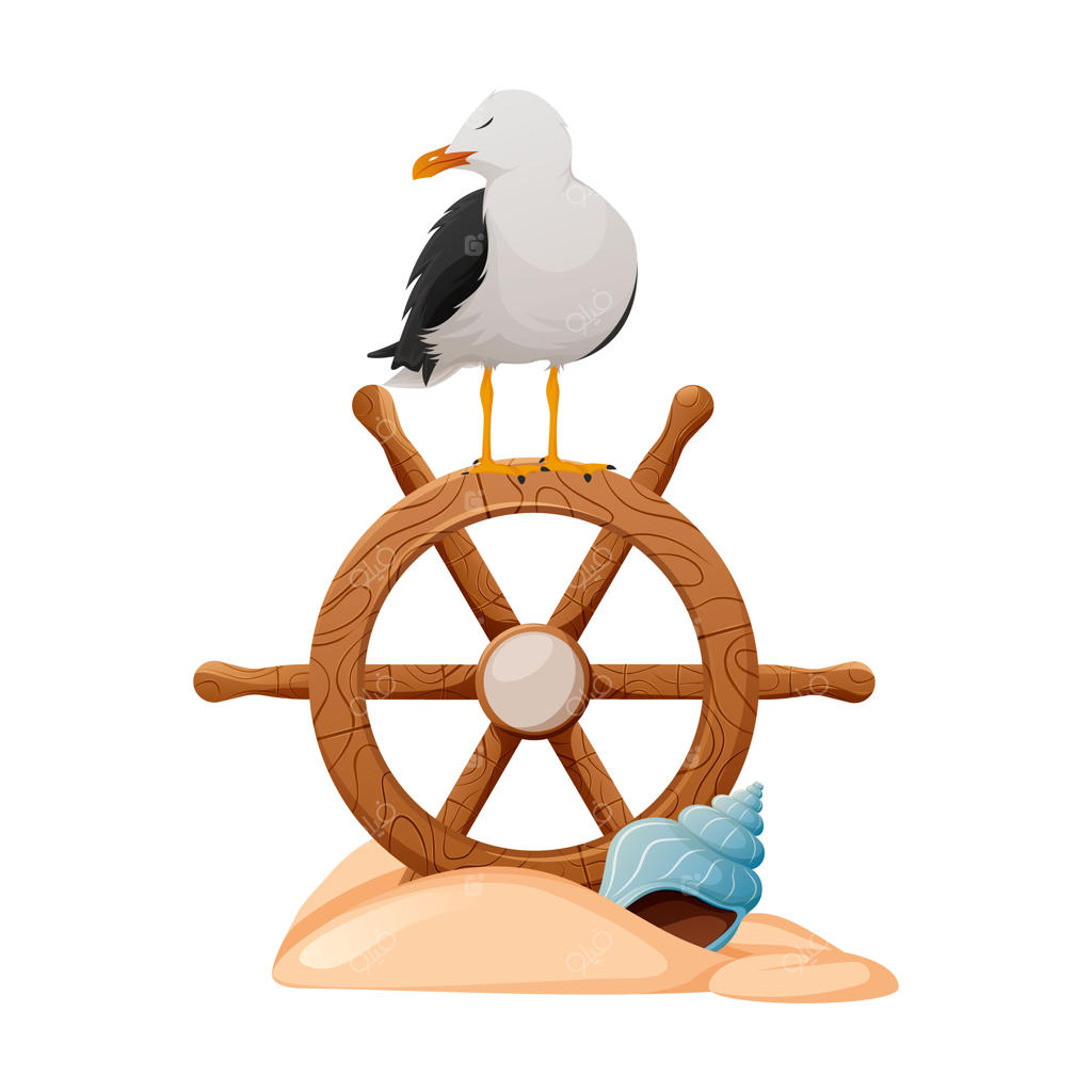 پرنده‌ی دریایی روی فرمان کشتی نشسته همراه با نقاشی کارتونی وکتور صدفی