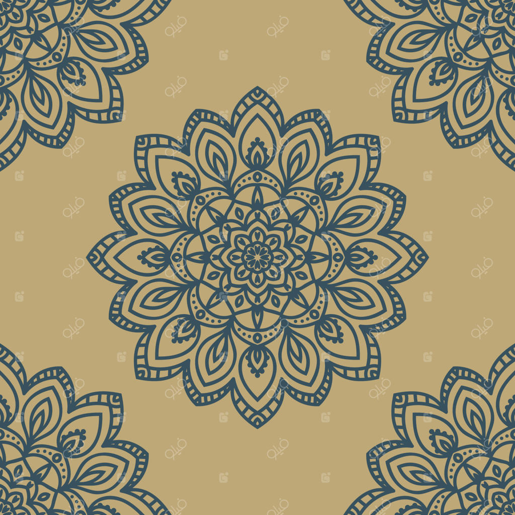 الگوی فانتزی با ماندالاهای تزئینی. پس‌زمینه گل‌های دایره‌ای و هندسی.