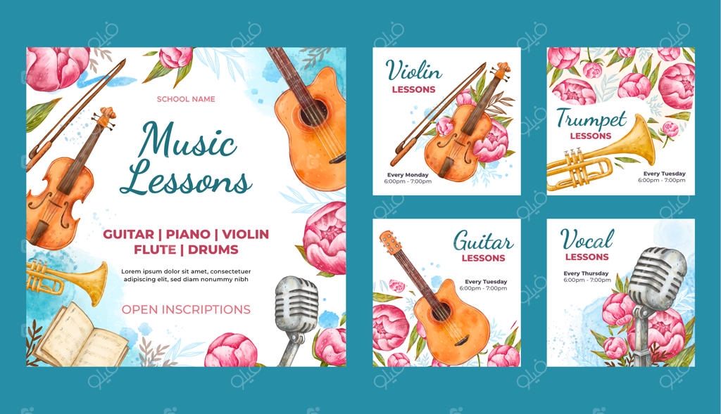 مجموعه پست‌های اینستاگرامی مدرسه موسیقی به سبک آبرنگ
