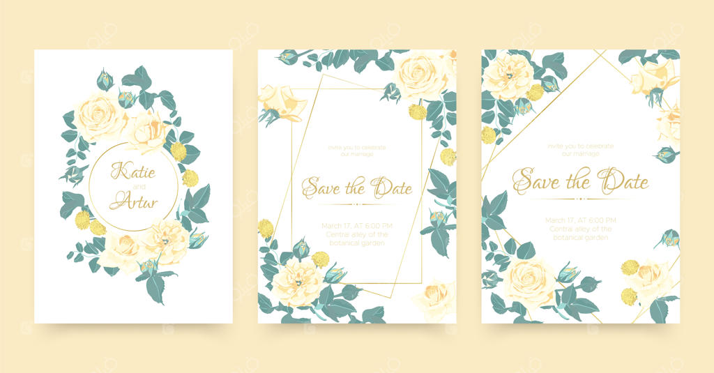 مجموعه‌ای از کارت‌های عروسی شیک با حلقه‌های گل رز