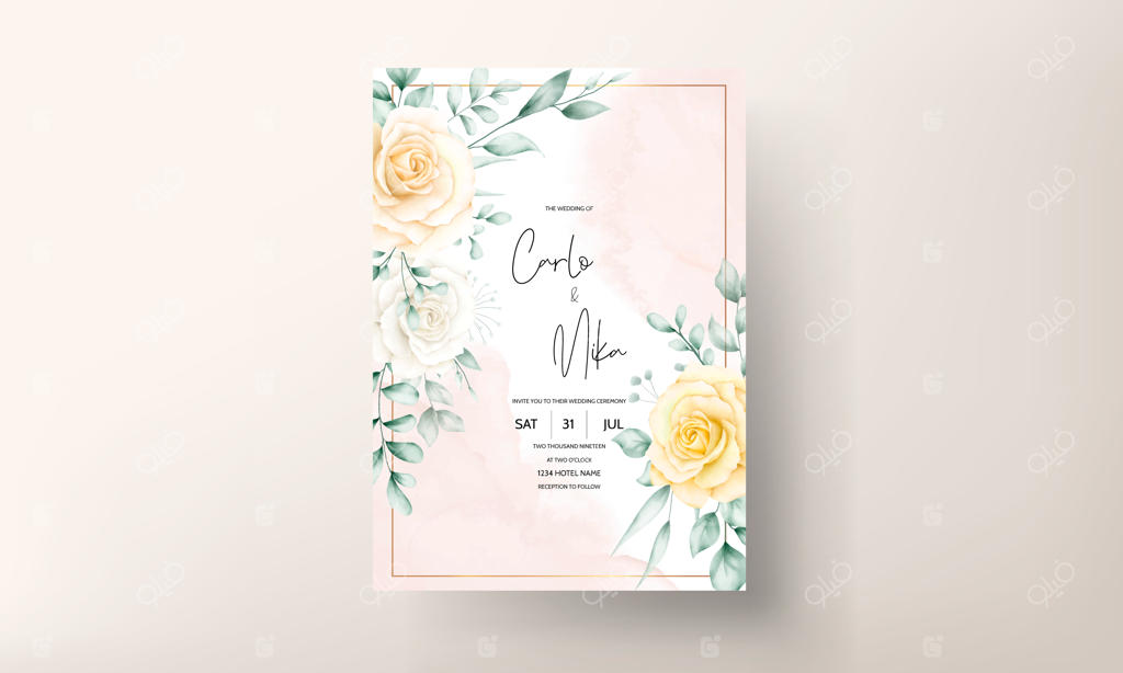 کارت دعوت عروسی شیک با طراحی گل‌های آبرنگی زیبا