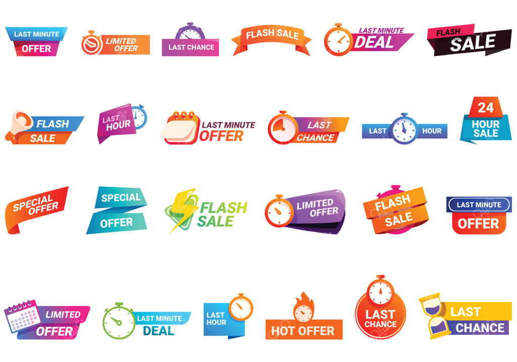 ست آیکون‌های وکتور کارتونی پیشنهاد لحظه آخری؛ ساعت و حراج فوری