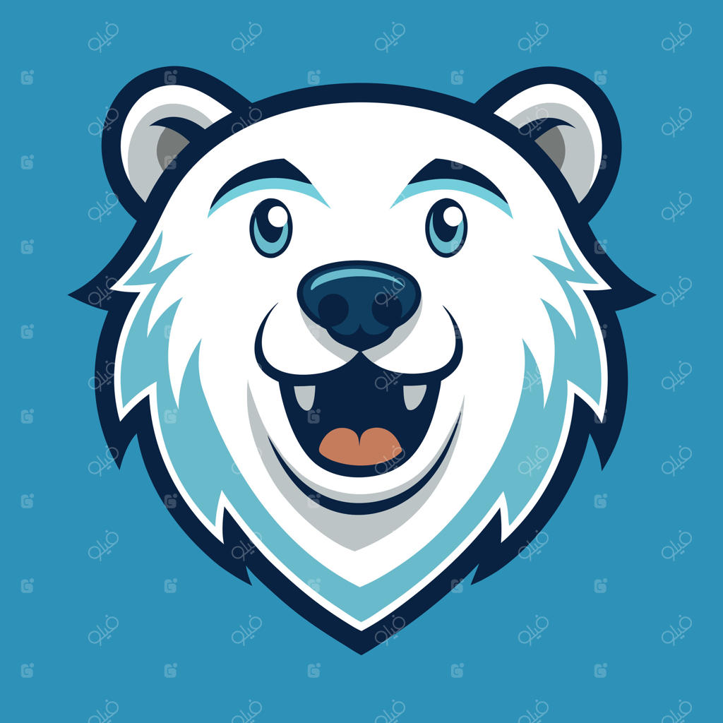 سر شاد و خندان خرس قطبی کارتونی بر روی پس‌زمینه آبی، مناسب برای لوگوهای ورزشی، برندینگ و طراحی‌های خلاقانه