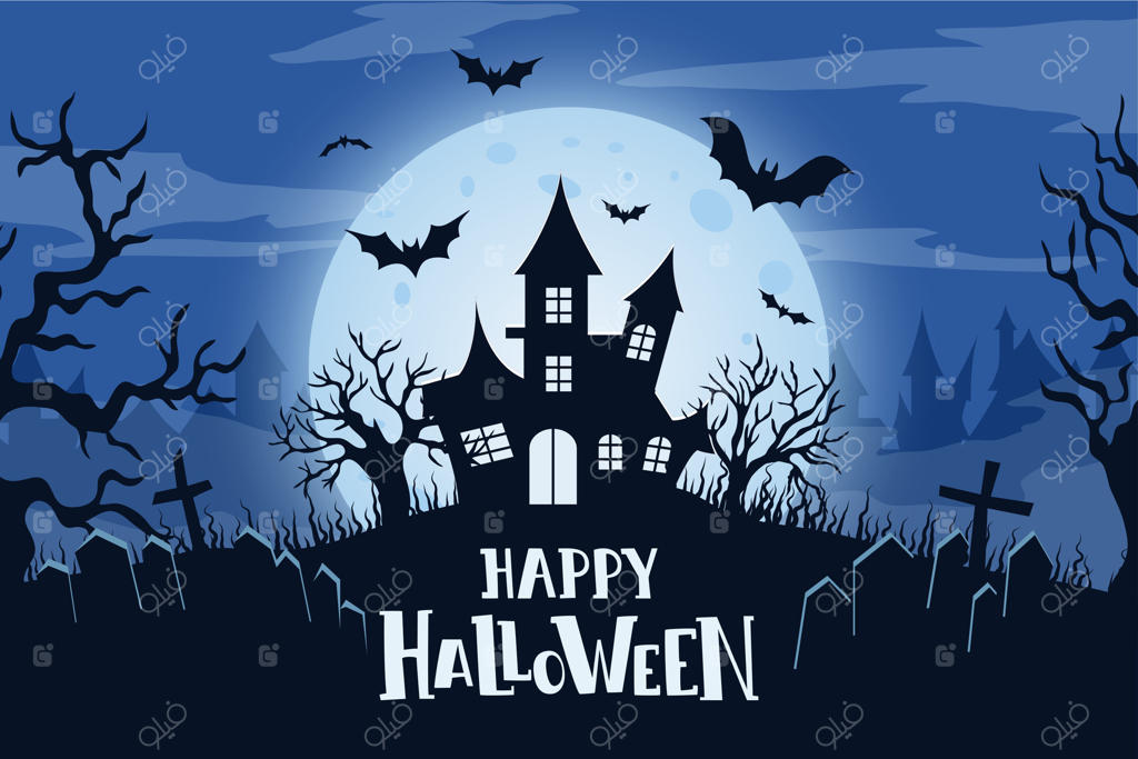 سیلوئت خانه‌ی تسخیر شده با خفاش‌ها، درختان خشک، صلیب‌ها و ماه کامل در پس‌زمینه