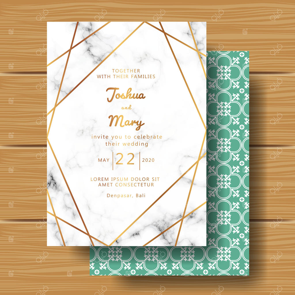 دعوتنامه عروسی با پس‌زمینه مرمری و خطوط انتزاعی