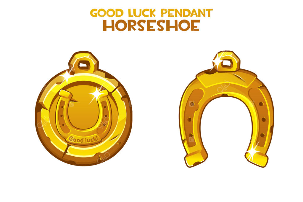 آویز طلایی و نعل اسب بر روی زمینه سفید.