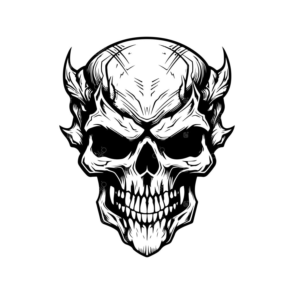 تصویرسازی دستی و لاین آرت جمجمه با استایل هایپ‌بیست؛ طرح لوگوی وینتیج سیاه و سفید