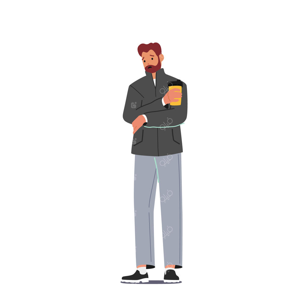 شخصیت مرد بالغ با فنجان قهوه در دست، ناراحت و غمگین