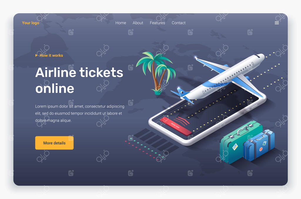 طرح صفحه‌ فرود: صفحه ایزومتریک، گوشی، کف دست و چمدان‌ها.