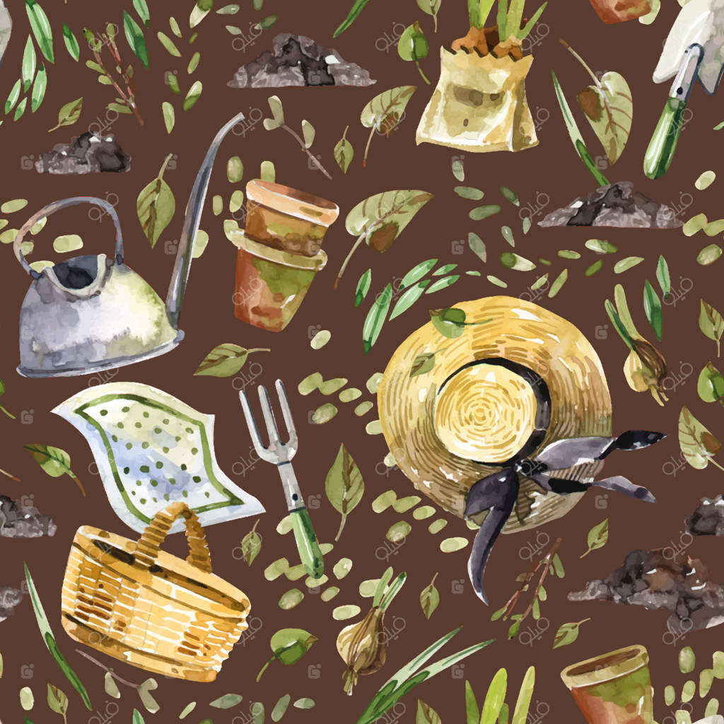 پترن آبرنگی یکدست با ابزار باغبانی، کلاه حصیری، دستکش‌ها و گیاهان بر روی پس‌زمینه تیره