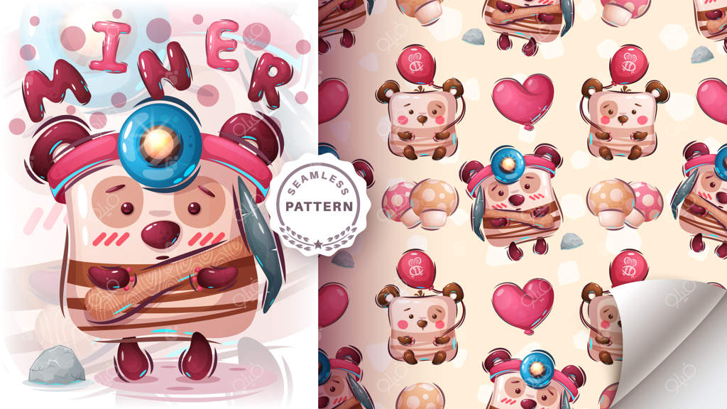 خرس عروسکی معدنچی - پترن یکپارچه. وکتور EPS 10