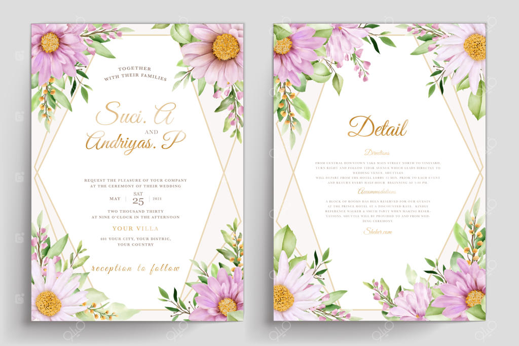 مجموعه کارت دعوت عروسی با طرح گل داوودی آبرنگی