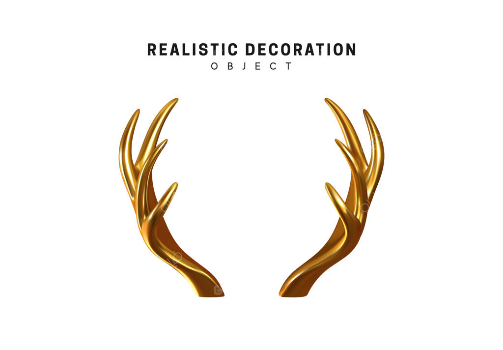 شاخ‌های سه‌بعدی و طلایی گوزن و موس— تصویرسازی برداری بر روی پس‌زمینه سفید.