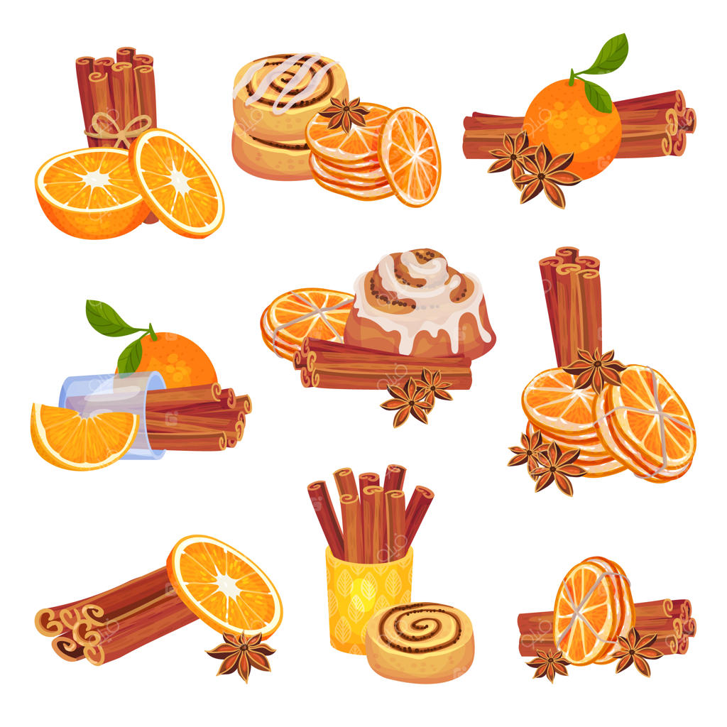 مجموعه‌ای از تصاویر چوب دارچین با برش‌های پرتقال و بیسکویت‌های تزئین‌شده.