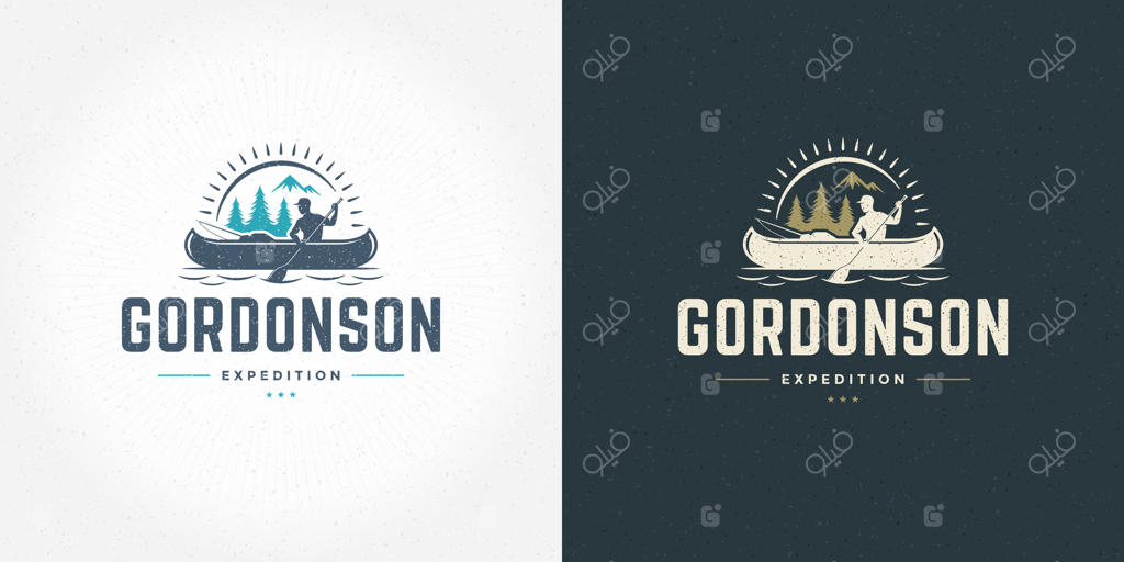 طراحی لوگو رفتینگ - ماجراجویی در دل طبیعت با قایق و سیلوئت انسان‌ها