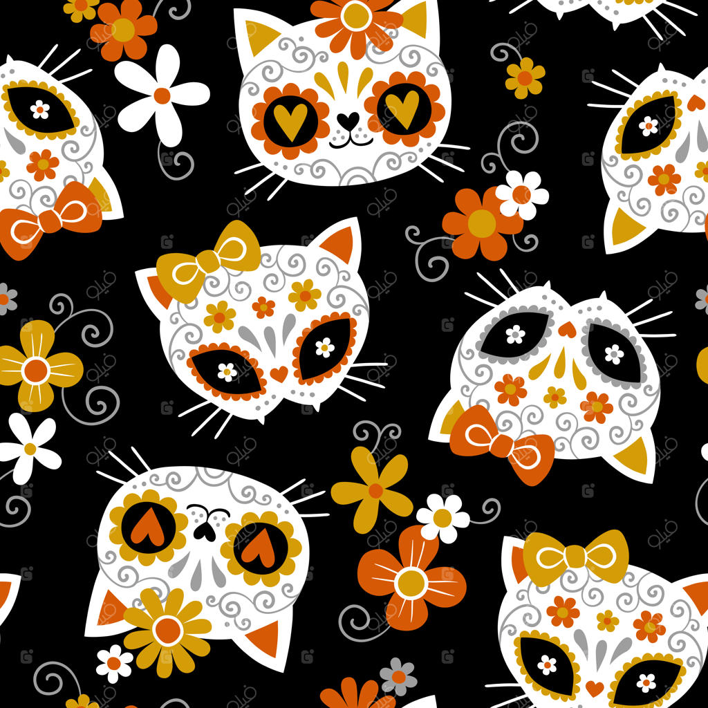 پترن وکتور یکپارچه با جمجمه‌های شیرین گربه و گل‌ها روی زمینه سیاه.