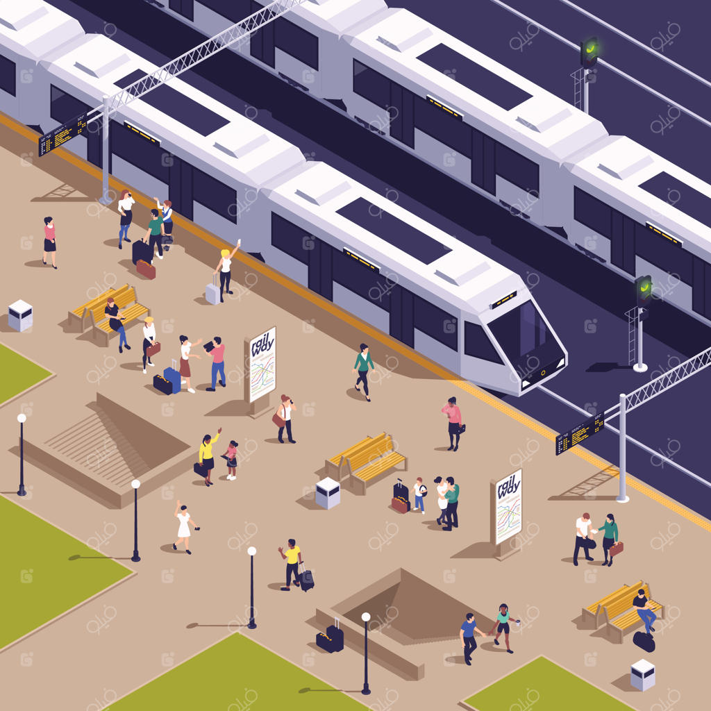 تصویر پویا از ایستگاه پرتردد تراموا شهری (وکتور حرفه‌ای)