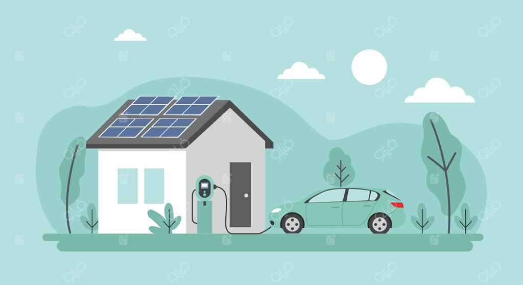 تصویرسازی خانه پایدار و سازگار با محیط زیست، انرژی سبز خورشیدی و خودروی برقی