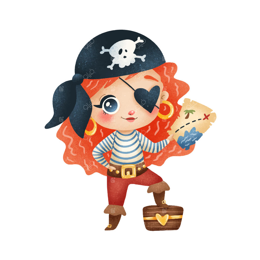 دختر دزدان دریایی کارتونی بامزه با پس‌زمینه سفید