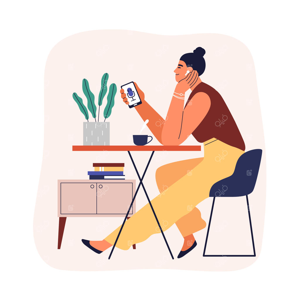 زن خوشحال در حال گوش دادن به پادکست یا رادیو آنلاین در زمان استراحت با قهوه. زنی که با لبخند در حال استراحت و لذت بردن از موسیقی با هدفون است. تصویرسازی ساده و جذاب.