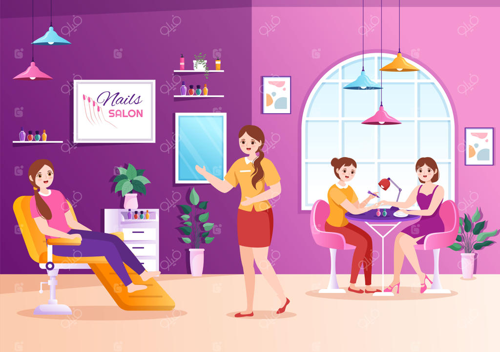 پترن سالن لاک ناخن: طراحی دست‌کشیده دریافت مانیکور یا پدیکور برای دختر جوان