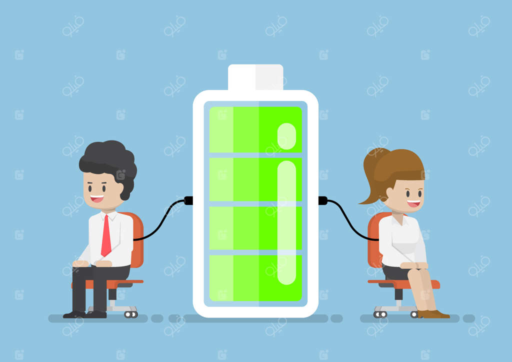 شخصیت‌های تاجر مرد و زن در حال شارژ انرژی از باتری