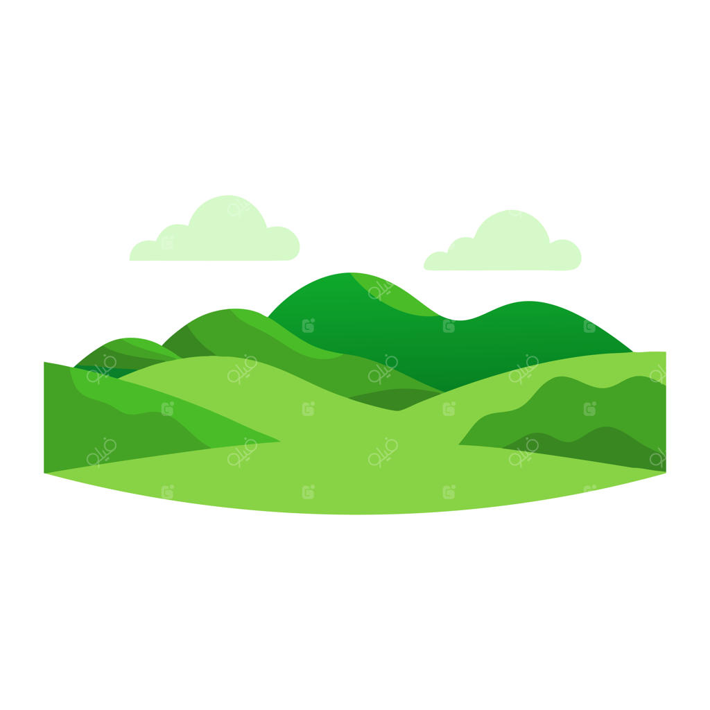 تصویرسازی وکتور تخت و مینیمال از منظره تپه‌های سبز، جدا شده در پس‌زمینه سفید