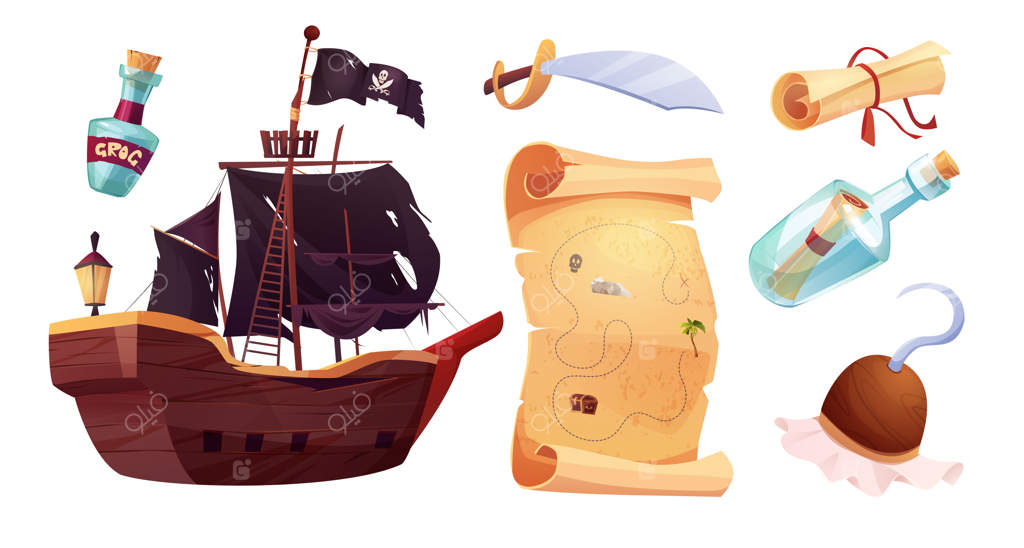 آیکون‌های دزدان دریایی به سبک کارتونی: پرچم با جمجمه و استخوان‌های سفید