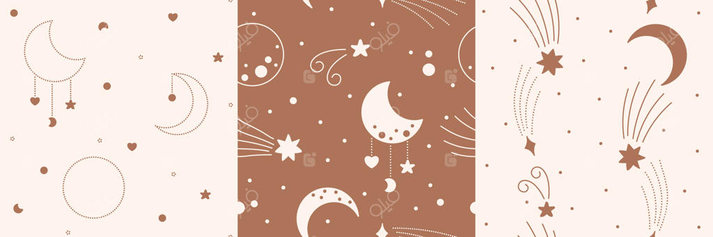 الگوهای یکپارچه برای نوزادان به سبک بوهو. تصاویر تکرارشونده با رنگ‌های خنثی و نقوشی از هلال‌های بامزه، برگ‌ها، قلب‌ها و ستاره‌ها.