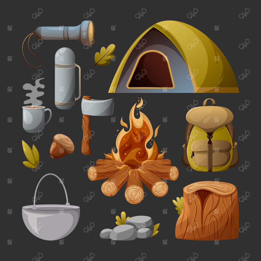 وسایل کمپینگ: چادر، کوله‌پشتی، دیگ، چراغ‌قوه، فلاسک، لیوان، کنده درخت، تبر، آتش‌کمپ