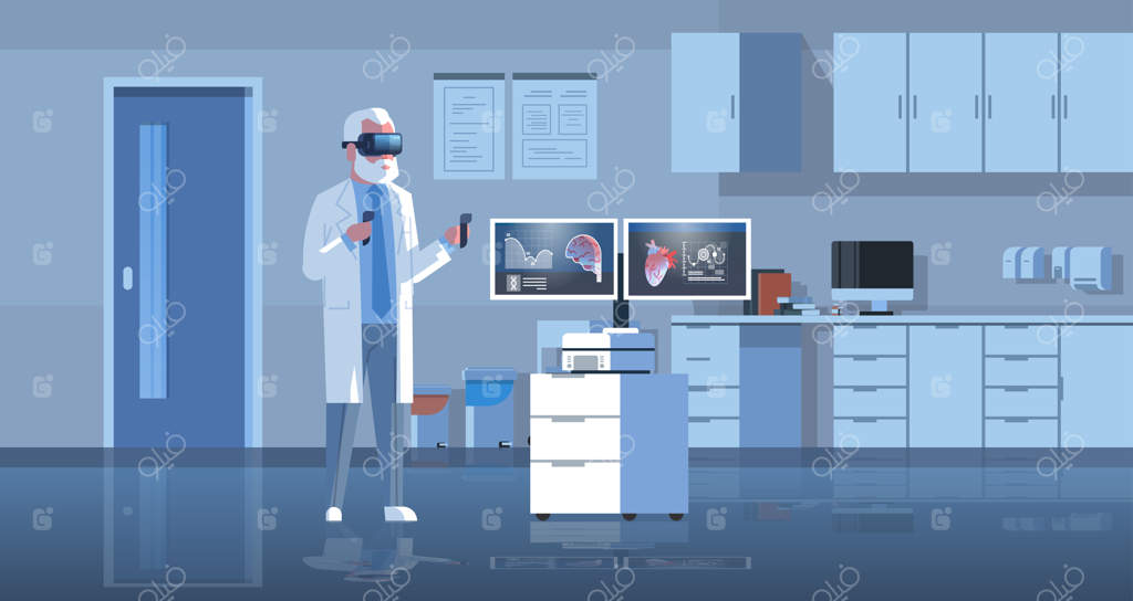 پزشک مرد با عینک دیجیتال در حال معاینه قلب و مغز در واقعیت مجازی