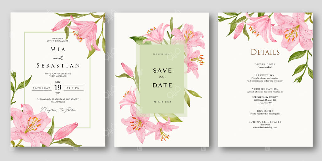 مجموعه کارت عروسی با طرح نیلوفر آبی صورتی آبرنگی