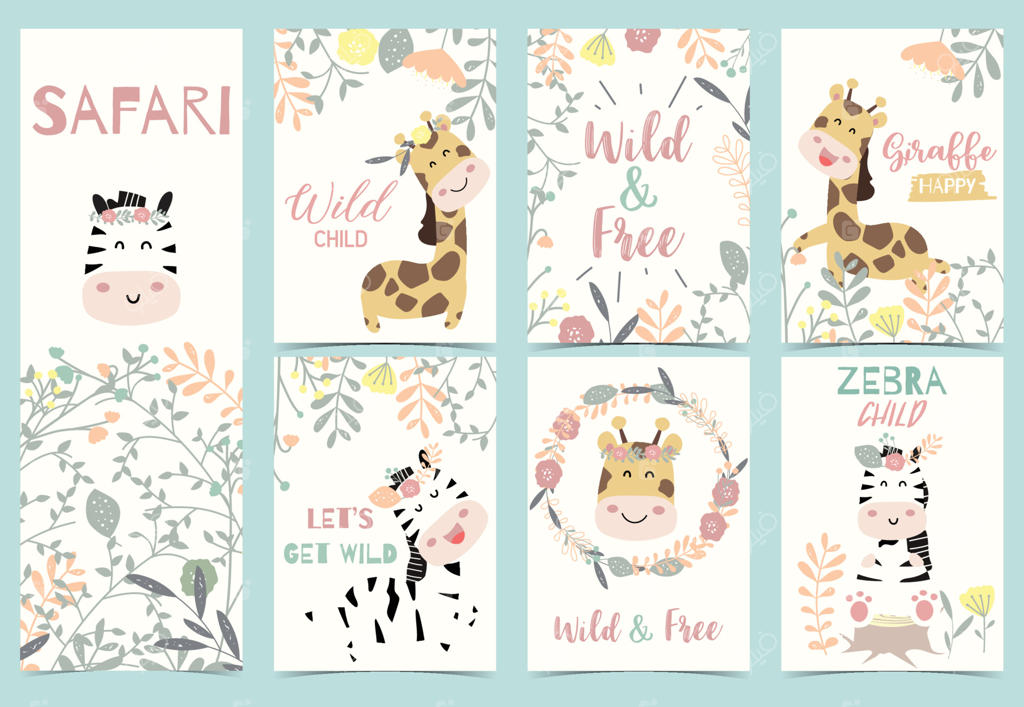 مجموعه ست جشن حیوانات شامل گورخر، زرافه، کلاه، گل و حلقه گل