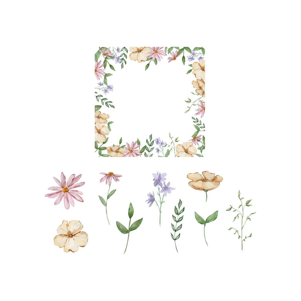 قاب گل‌ها و برگ‌های باغی آبرنگی