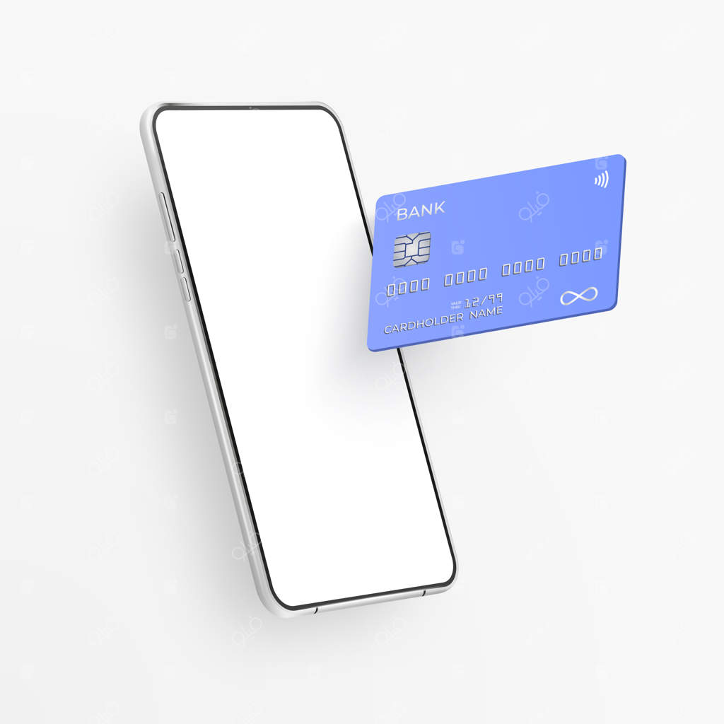 گوشی هوشمند سفید واقعی و کارت اعتباری پلاستیکی