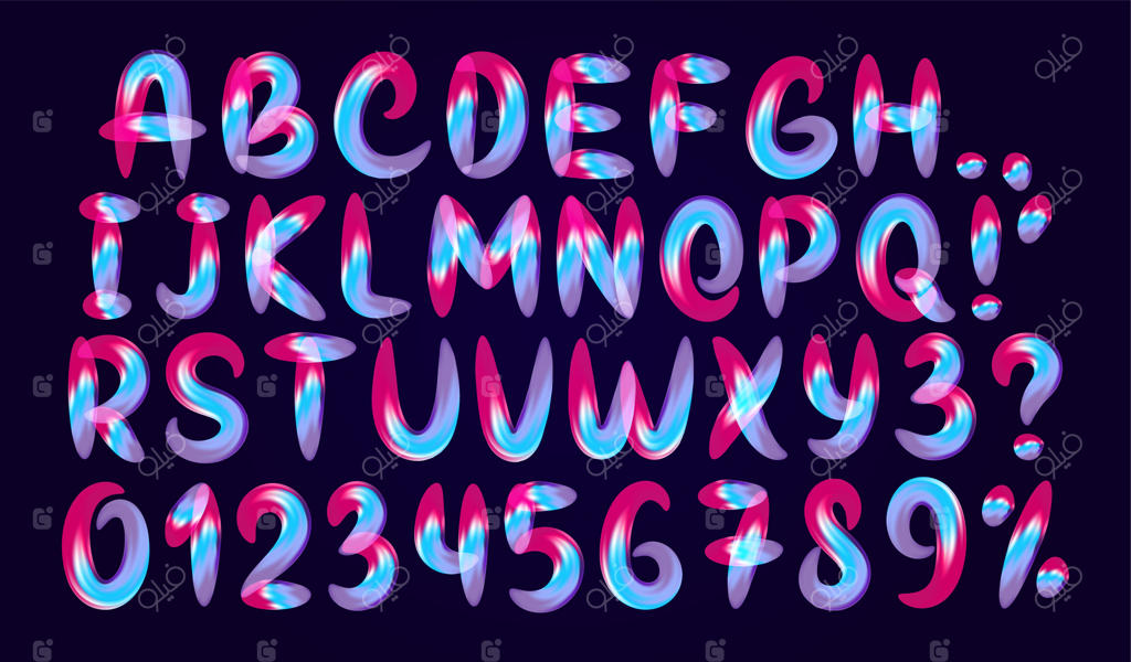 فونت الفبای مایع ذوب‌شده با گرادیان رنگی - حروف انگلیسی انتزاعی و نرم. طراحی اعداد سه‌بعدی به صورت منفصل بر روی پس‌زمینه سیاه. تصویرسازی وکتوری.