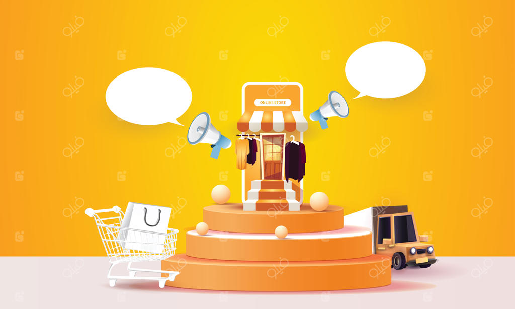 خرید آنلاین با گوشی هوشمند و تبلیغات فروش جدید در پس‌زمینه صورتی برای بنر بازار تجارت الکترونیک