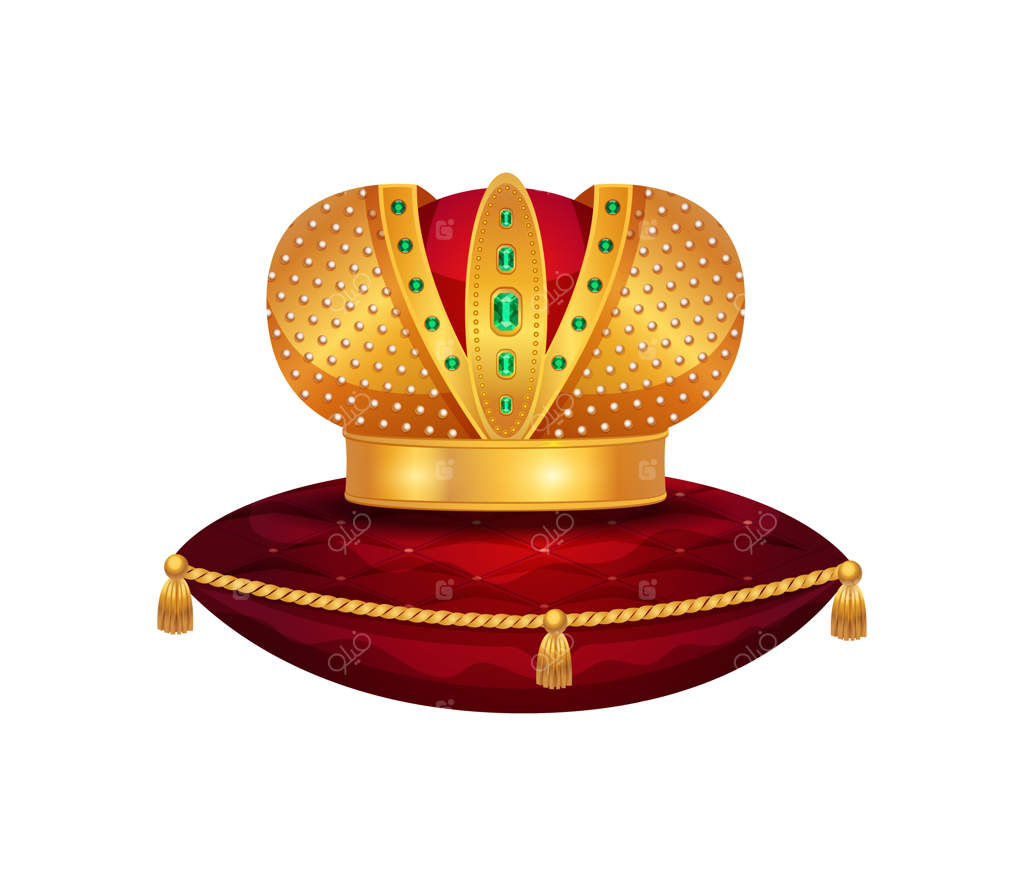 ترکیب تاج طلایی سلطنتی روی بالش مخملی قرمز