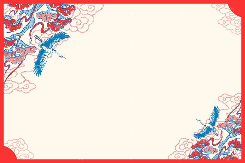 طرح کارت تبریک با الهام از چین: جرثقیل‌های زیبا و نقوش گل‌دار